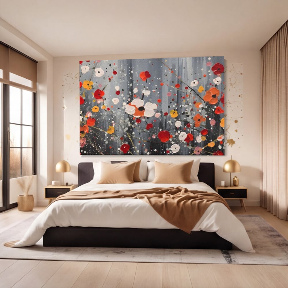 Tablou canvas cu pictura abstracta cu flori si stropi, fara rama, pe sasiu de lemn, pe perete intr-un dormitor